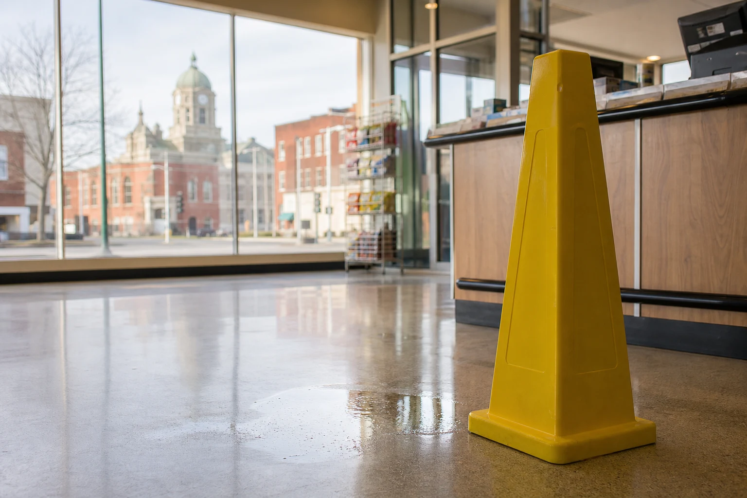 A yellow folding sign sits on the floor of an office that reads, 