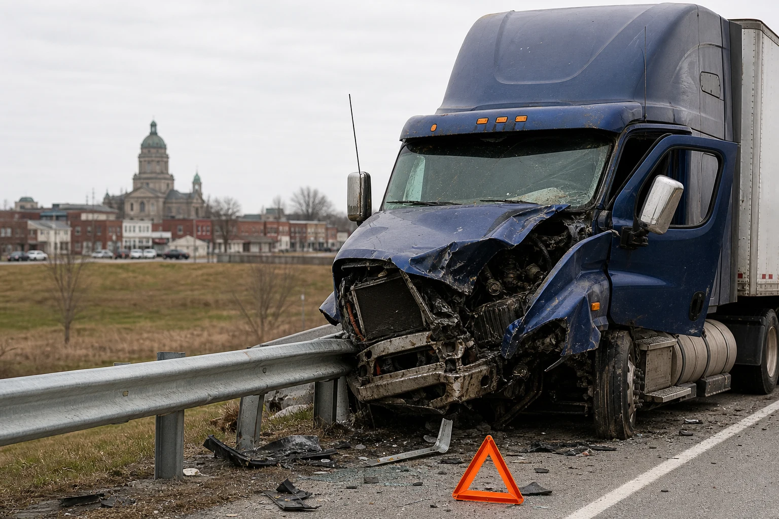 A front view of a parked black semi truck.