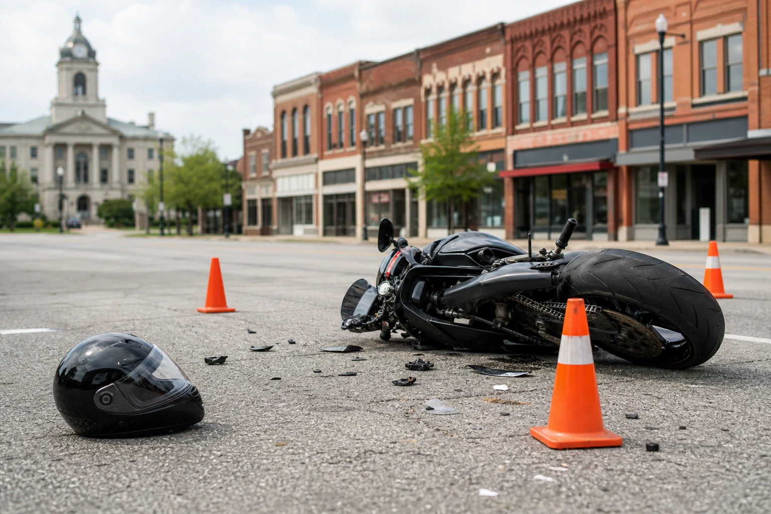 A damaged motorcycle lays on its side in the road.