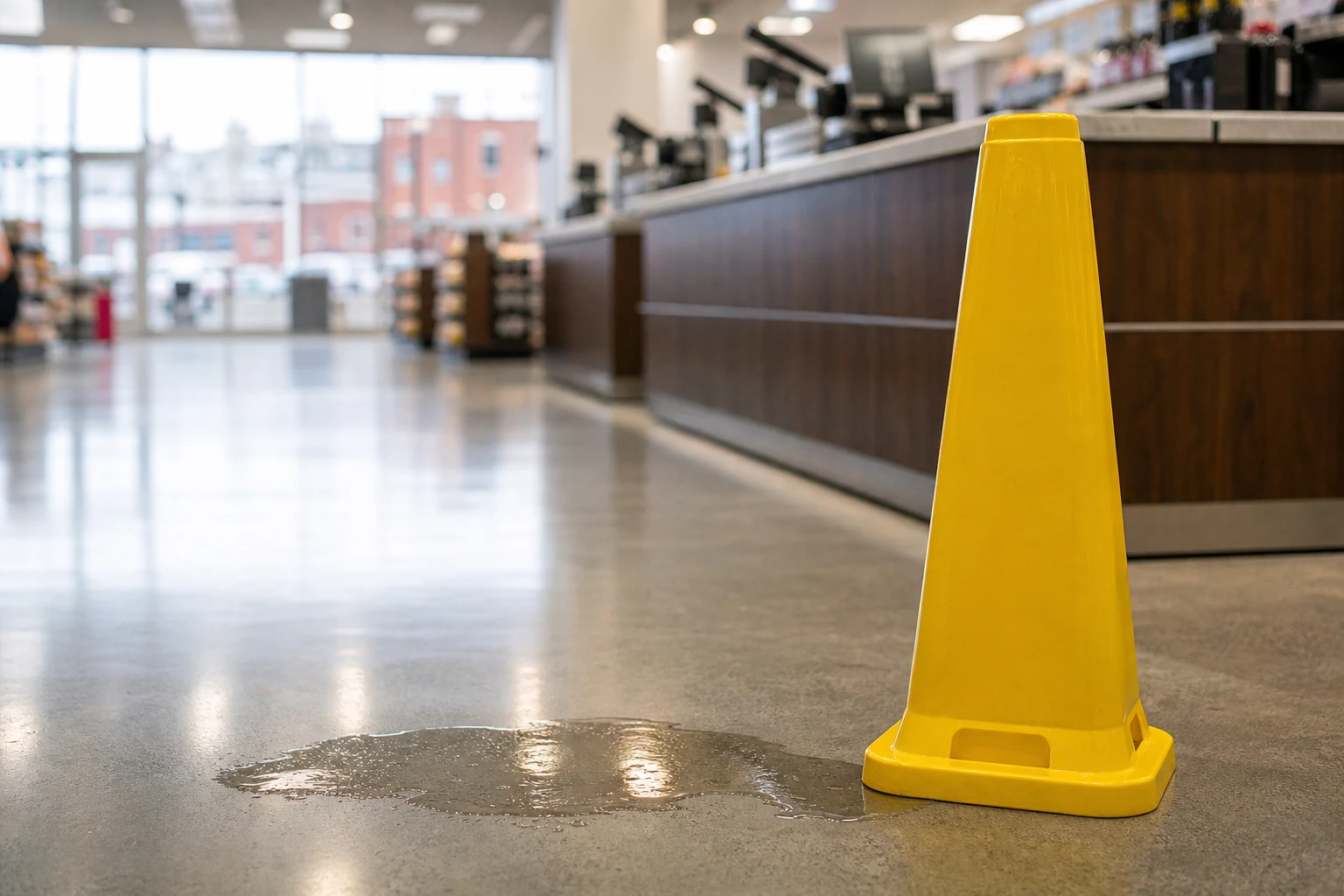 A yellow folding sign sits on the floor of an office that reads, 