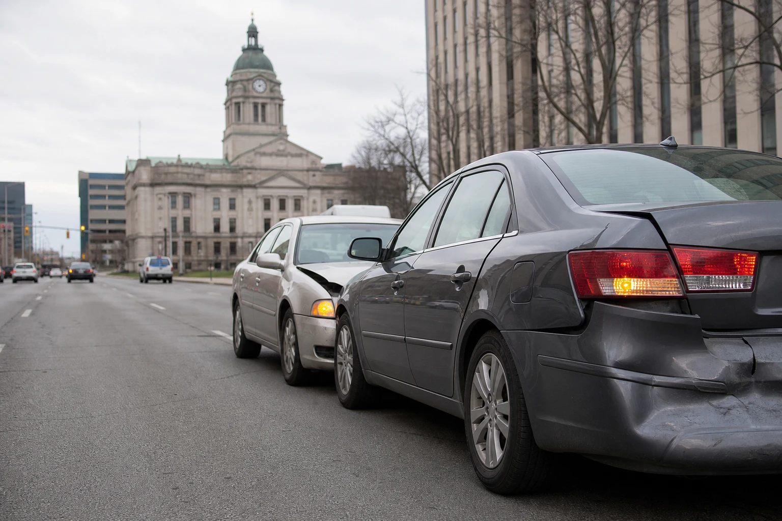 Two damaged cars sit one after the other on the side of the road after an accident.
