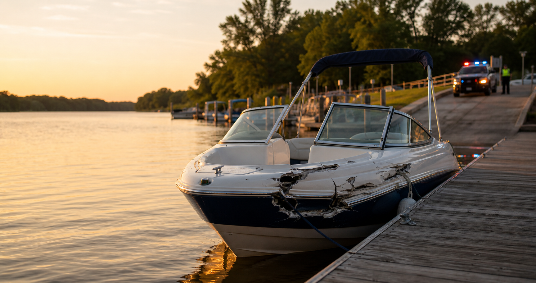 Damaged recreational boat tied to a Fort Wayne area dock after a boating accident