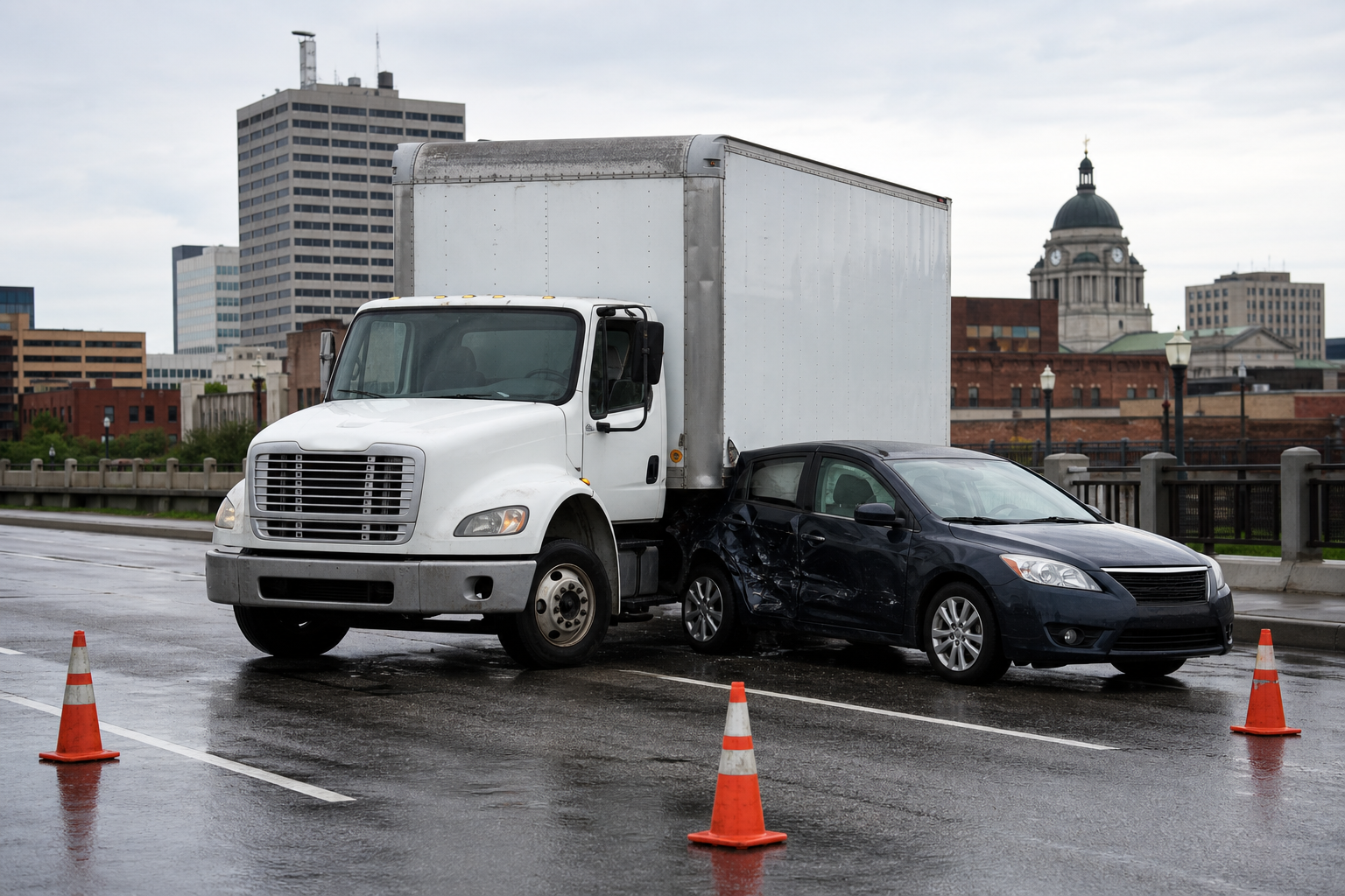Commercial box truck and passenger car after a non-graphic Fort Wayne crash