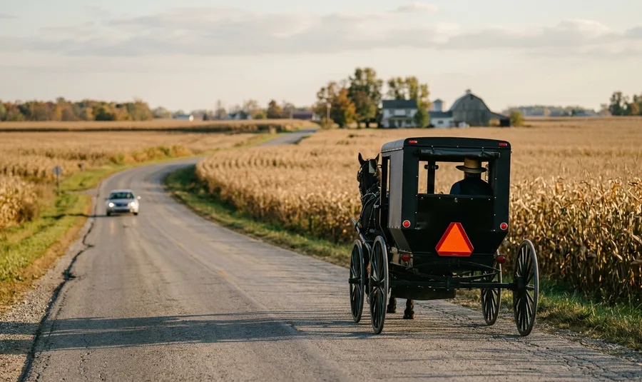 Un carruaje tirado por caballos que circula al anochecer por una carretera rural del noreste de Indiana.