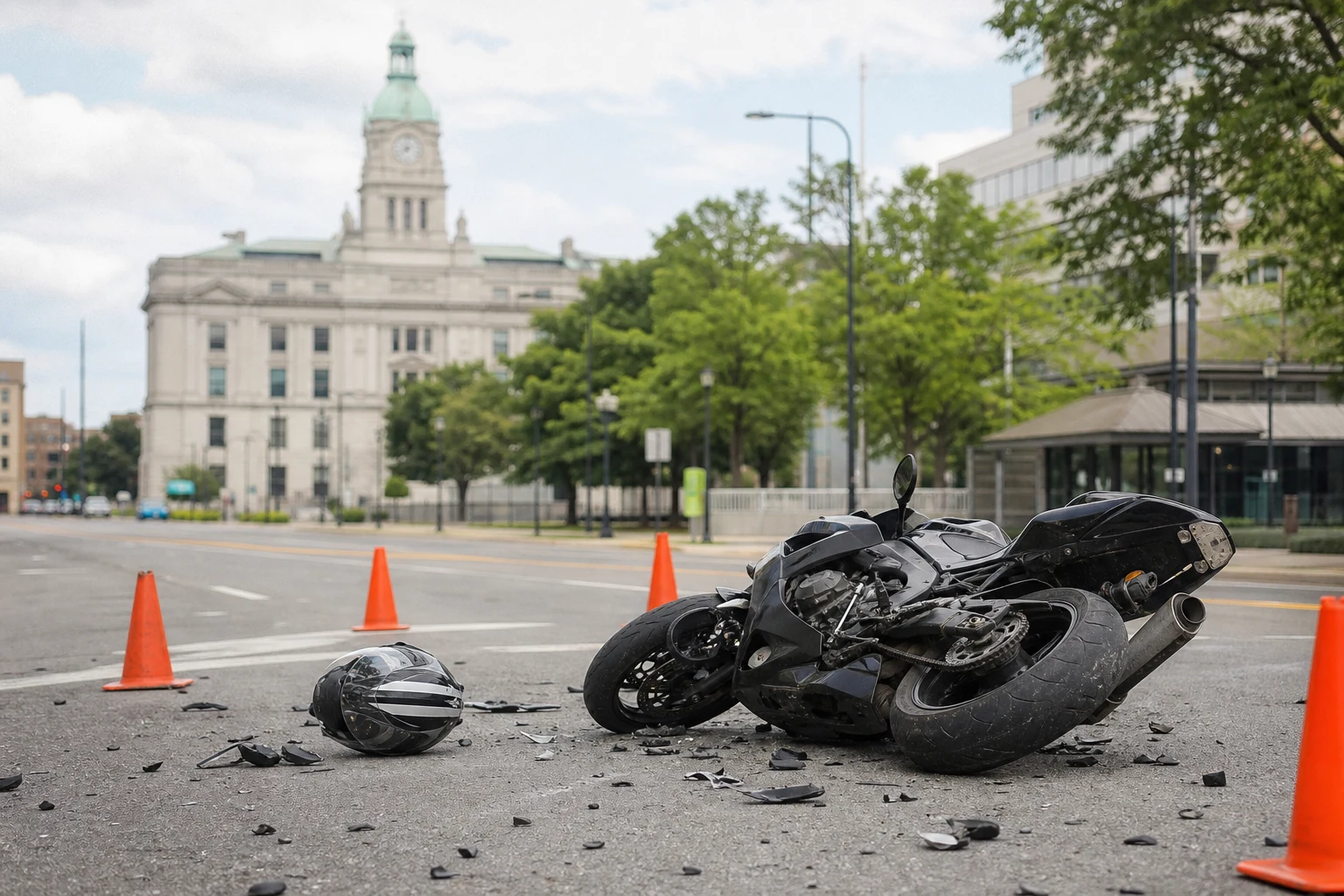 A damaged motorcycle lays on its side in the road.