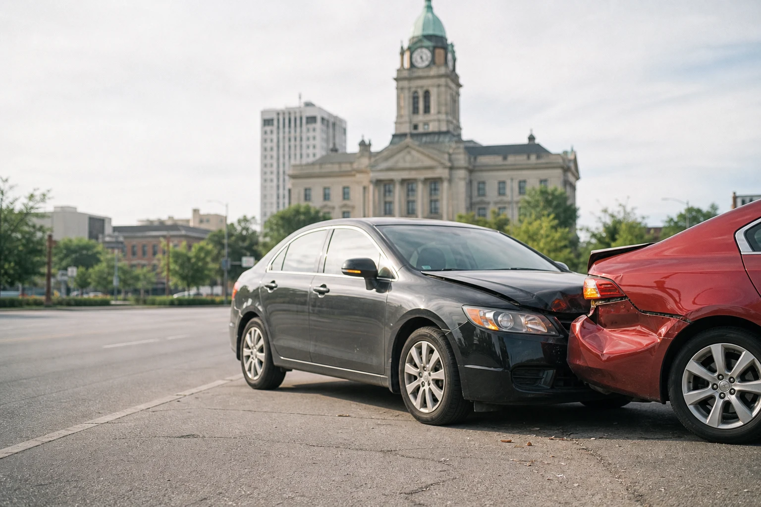 Two damaged cars sit one after the other on the side of the road after an accident.
