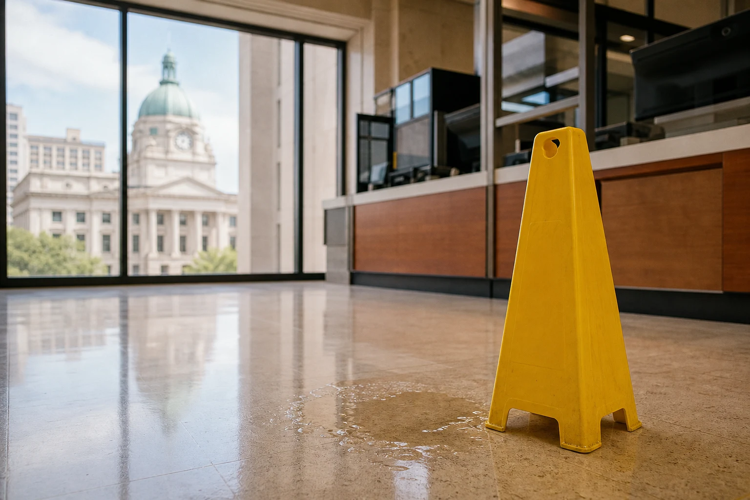 A yellow folding sign sits on the floor of an office that reads, 