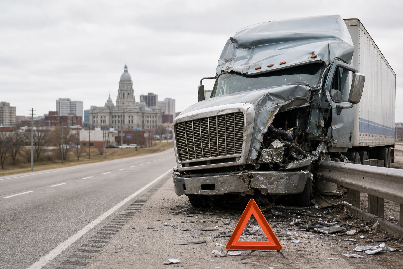 A front view of a parked black semi truck.