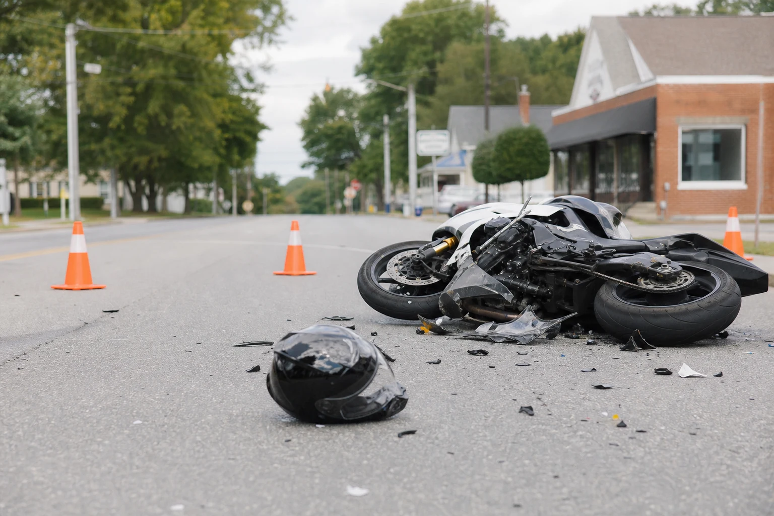 A damaged motorcycle lays on its side in the road.