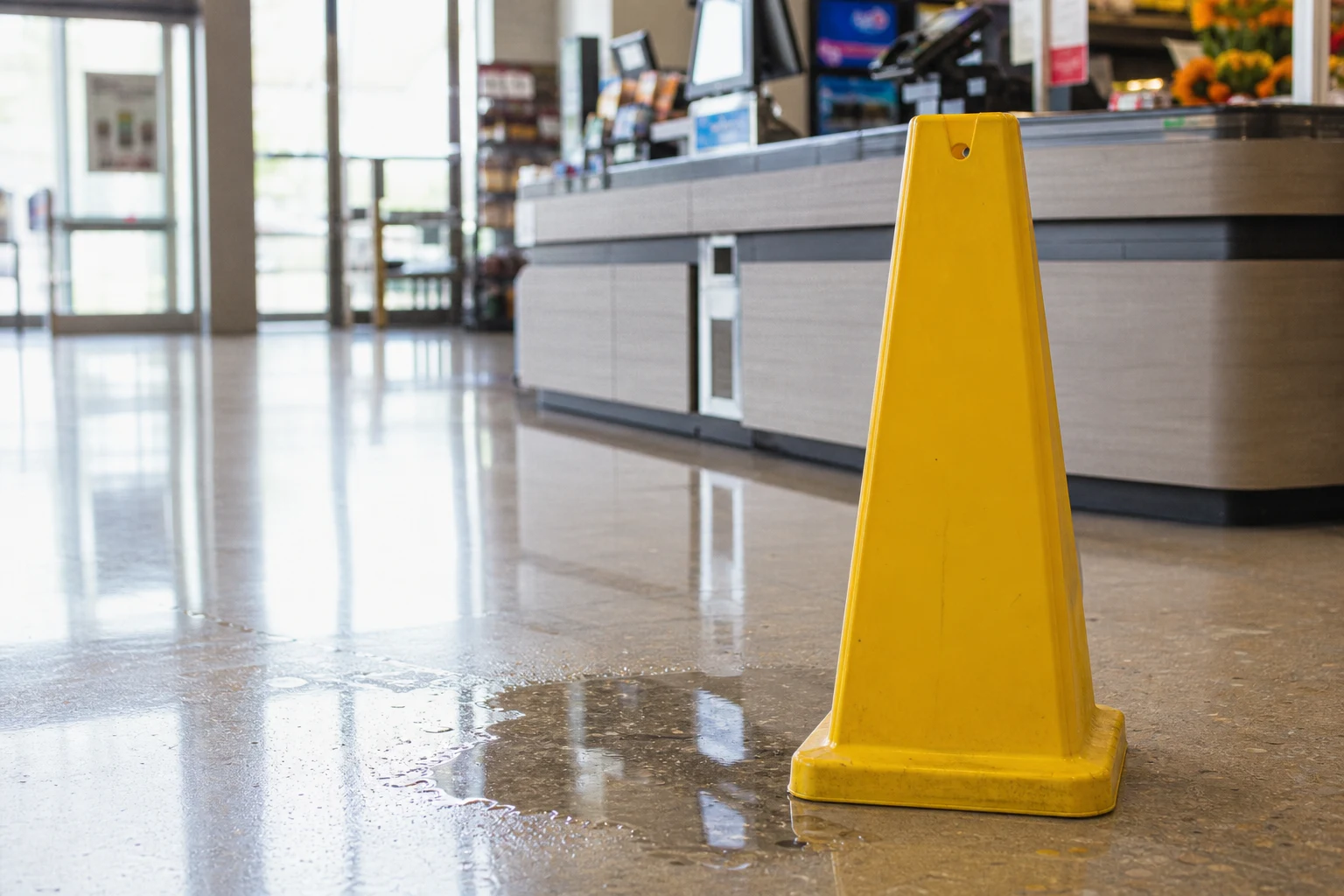 A yellow folding sign sits on the floor of an office that reads, 