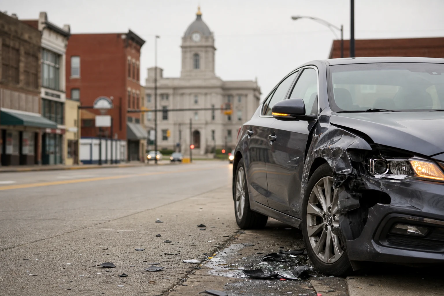 Car accident scene in Huntington, Indiana