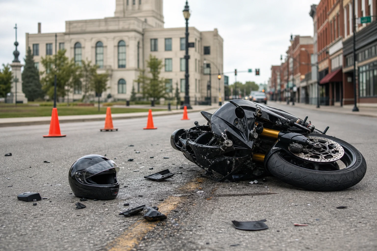 A damaged motorcycle lays on its side in the road.