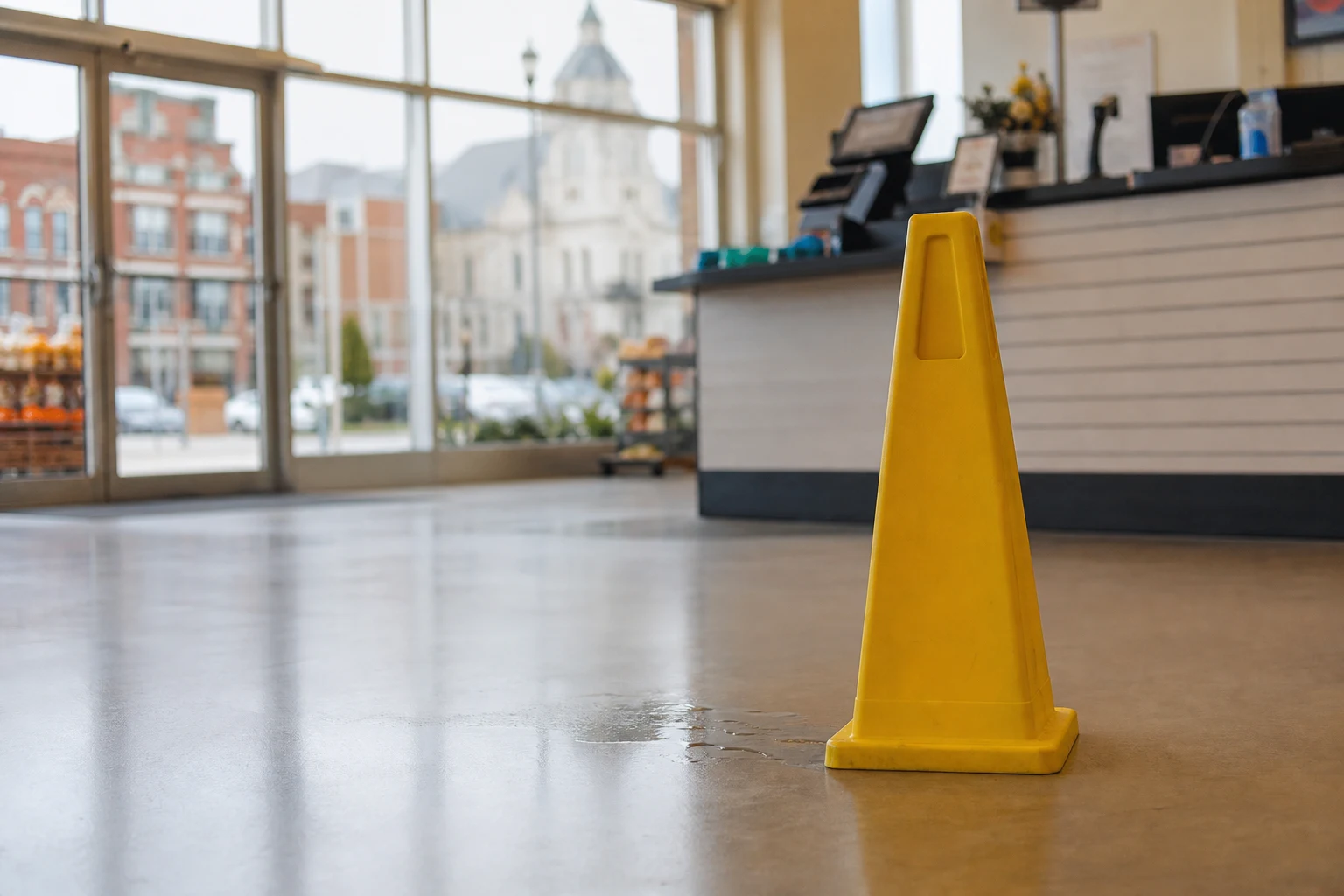 A yellow folding sign sits on the floor of an office that reads, 