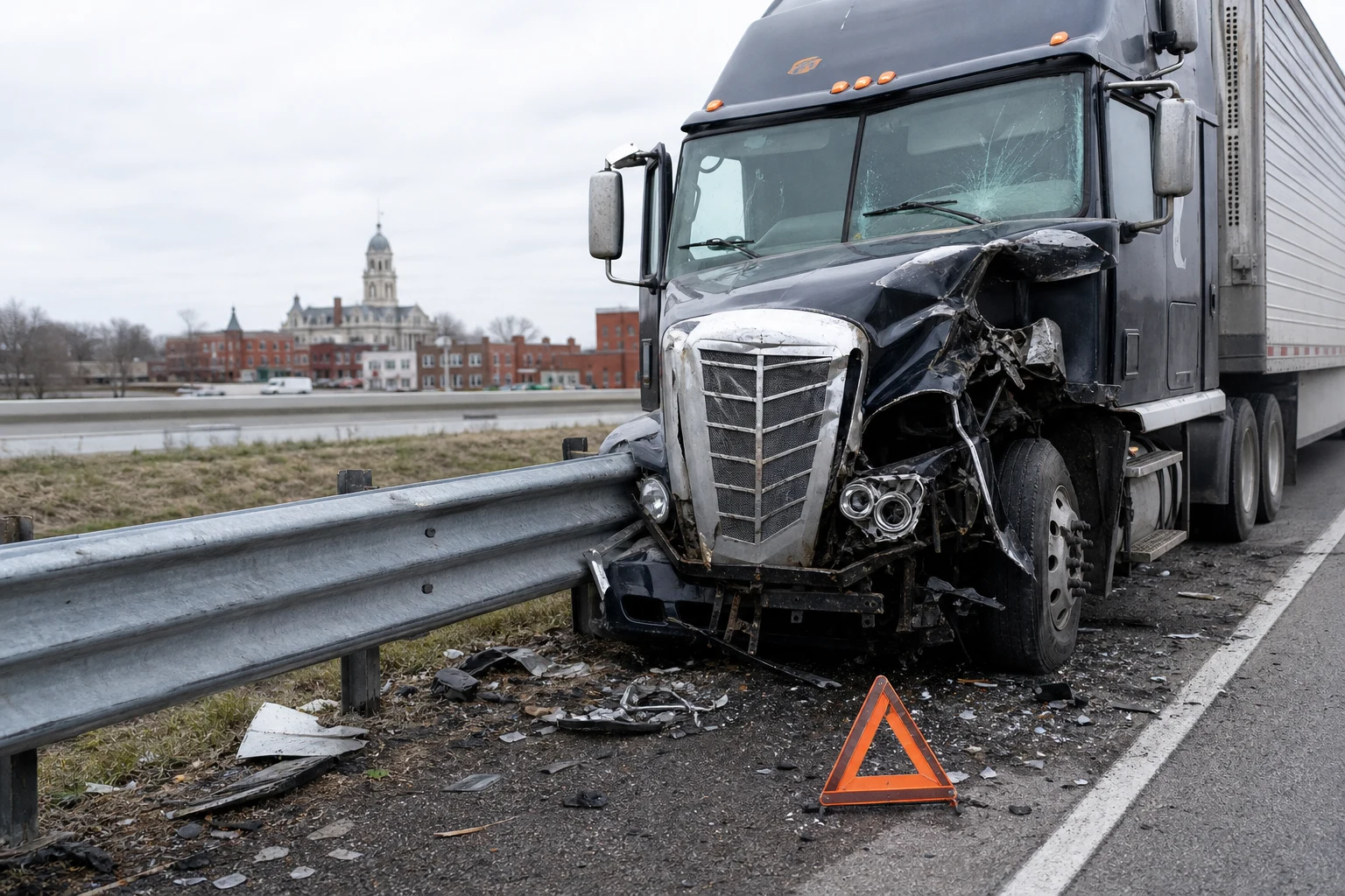 A front view of a parked black semi truck.
