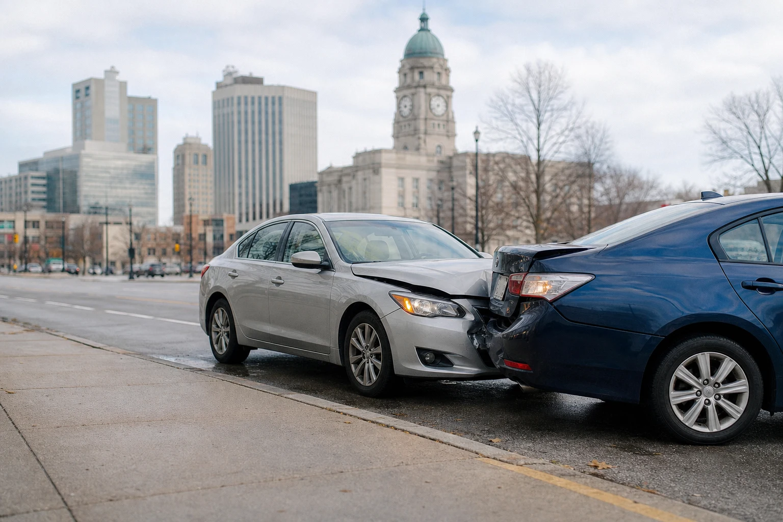Two damaged cars sit one after the other on the side of the road after an accident.