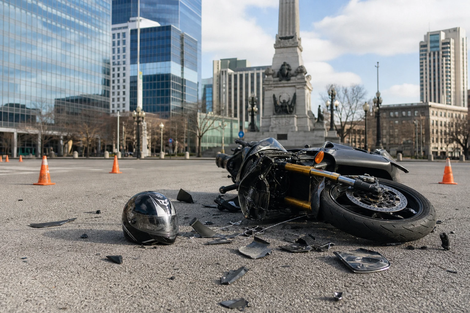 A damaged motorcycle lays on its side in the road.