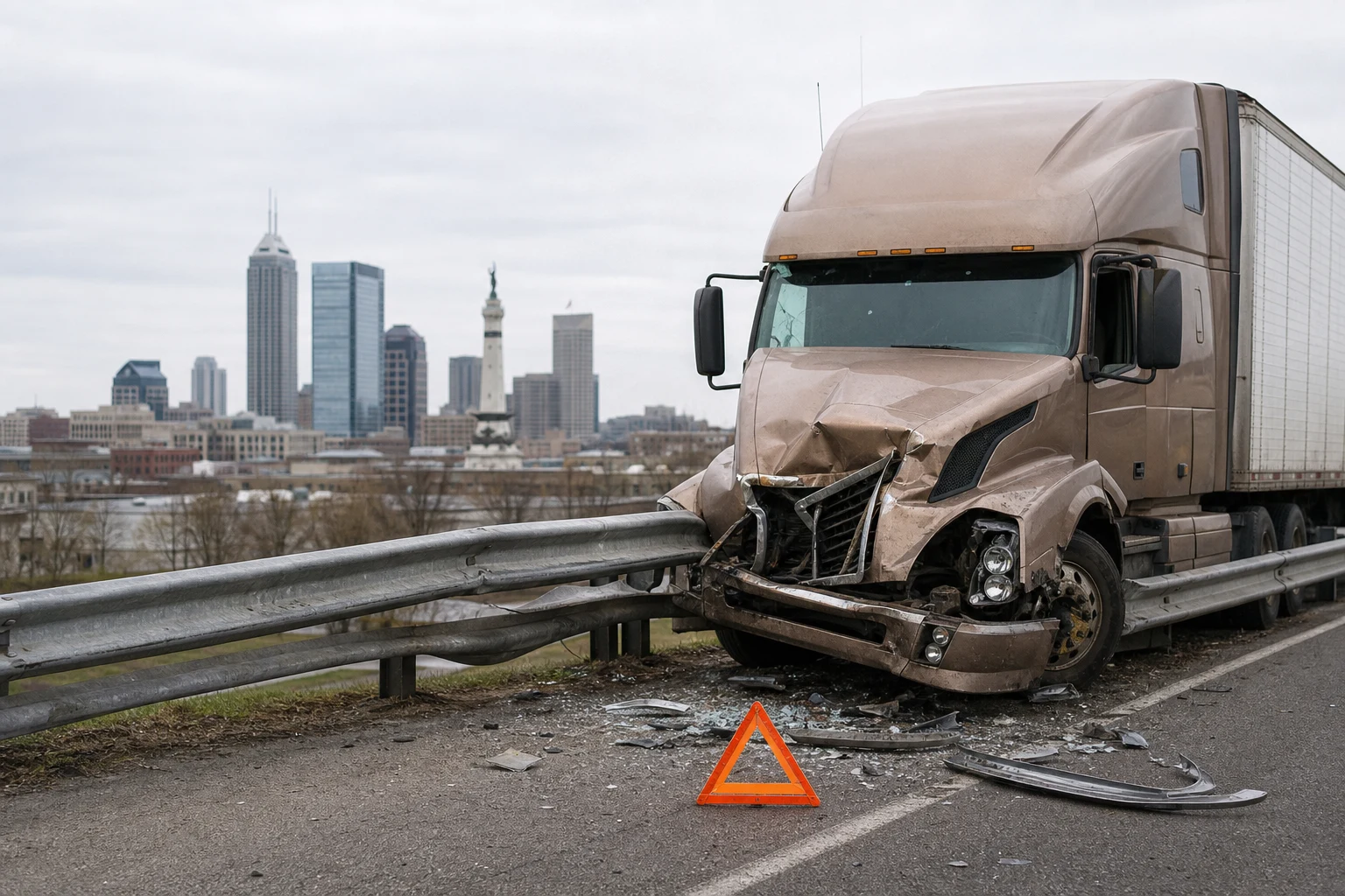 A front view of a parked black semi truck.
