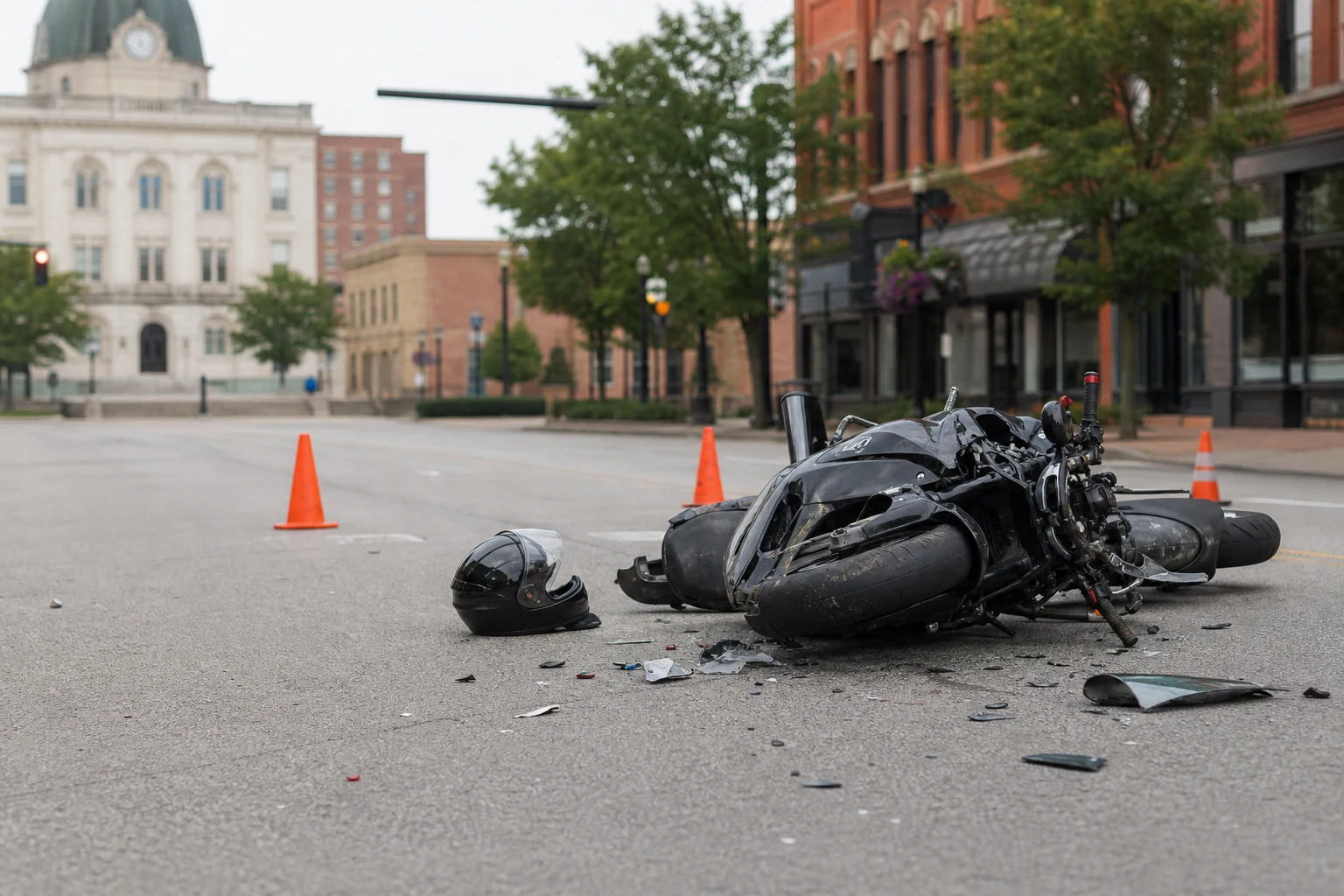 A damaged motorcycle lays on its side in the road.