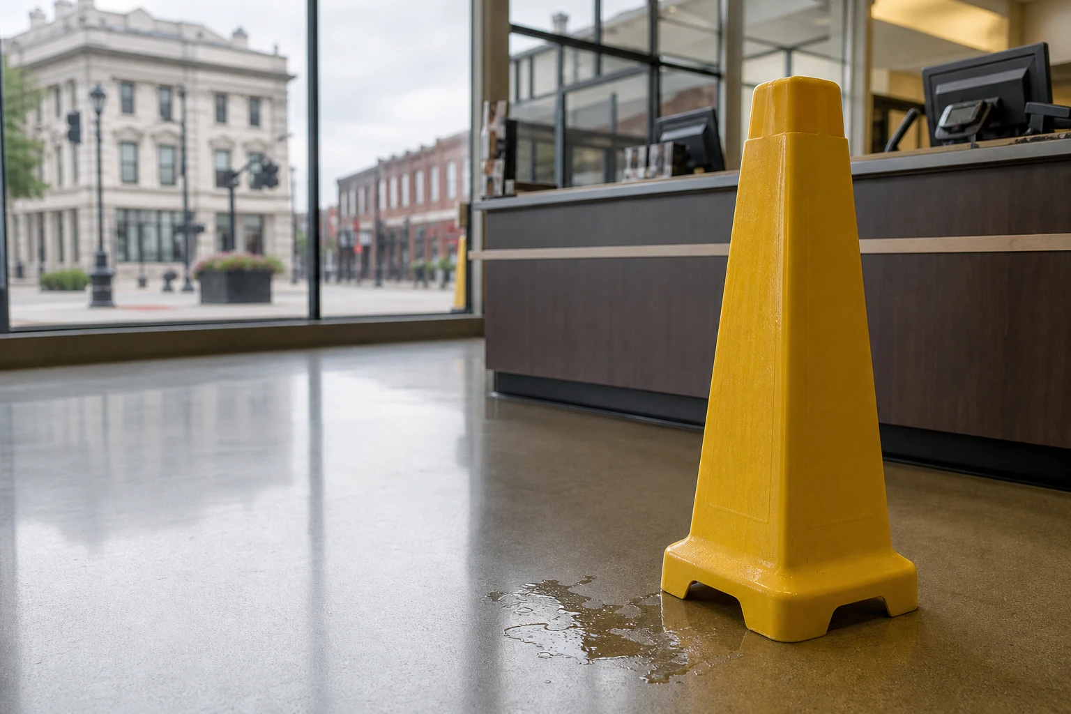 A yellow folding sign sits on the floor of an office that reads, 