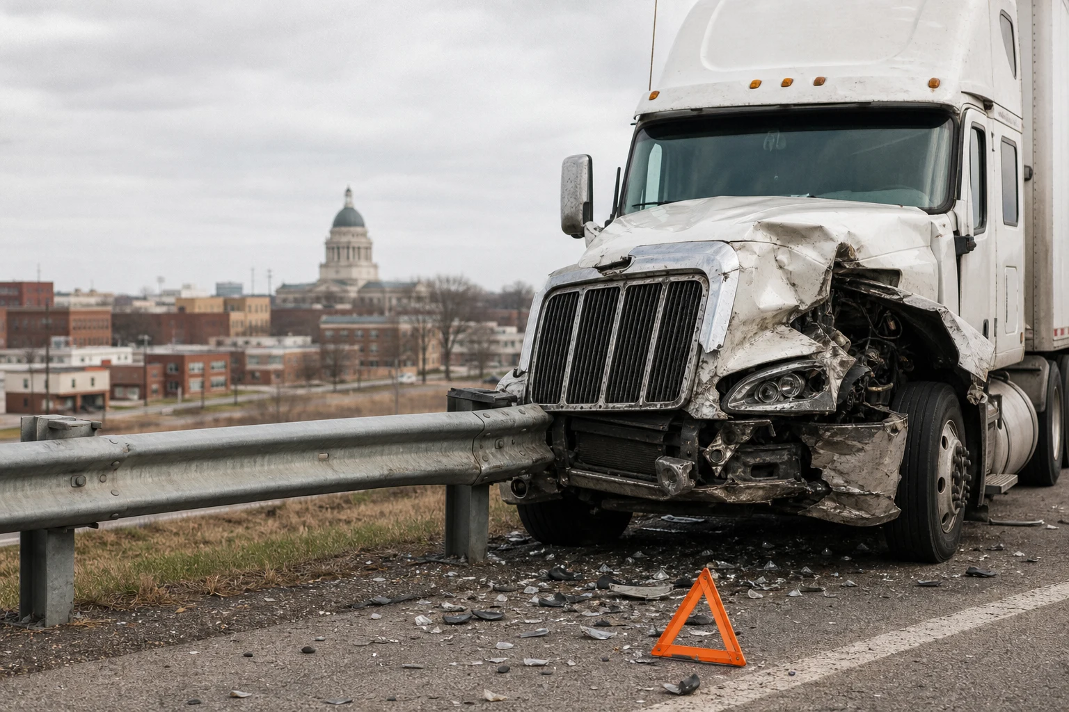 A front view of a parked black semi truck.
