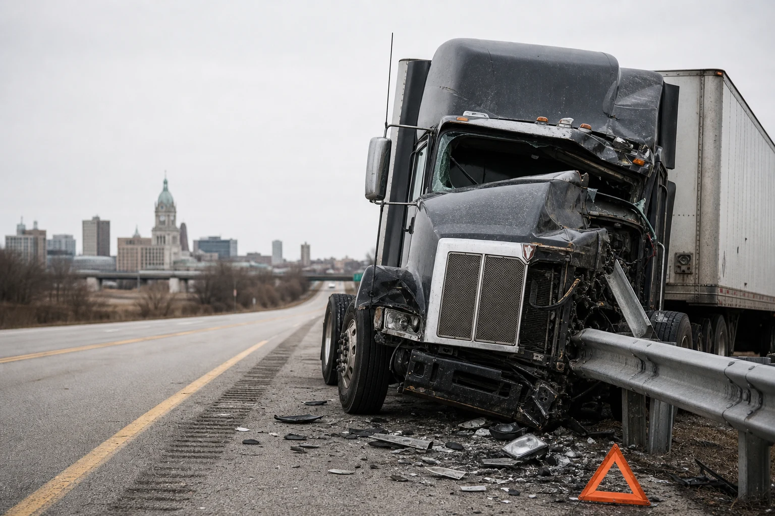 A front view of a parked black semi truck.