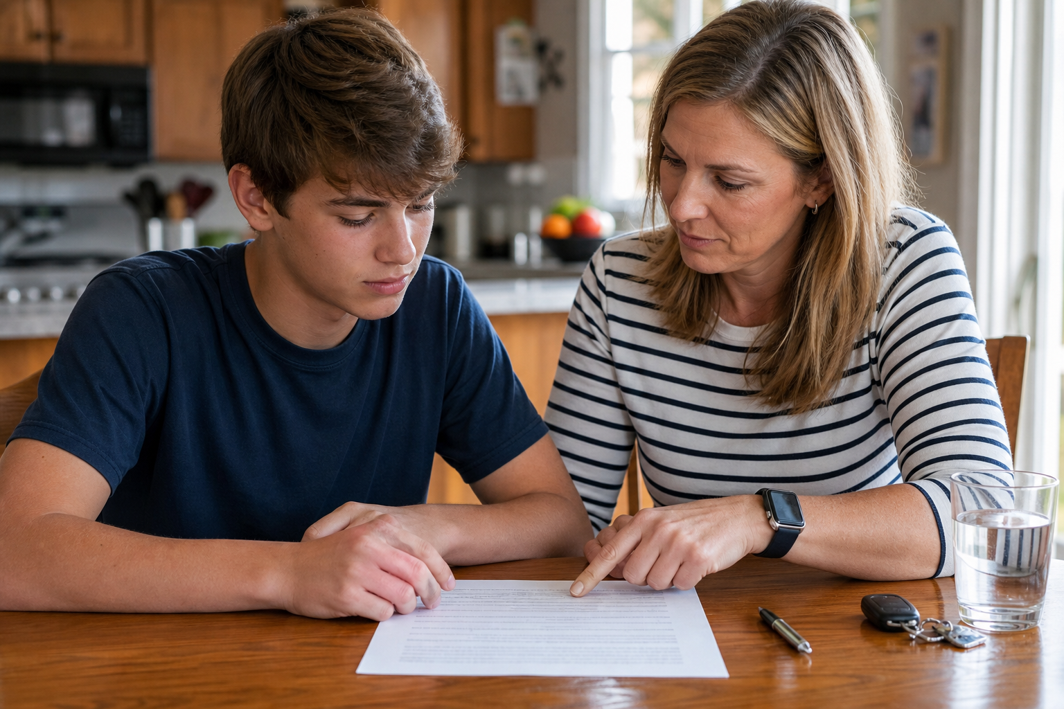 Indiana parent and teen driver reviewing a summer driving agreement with car keys at the kitchen table