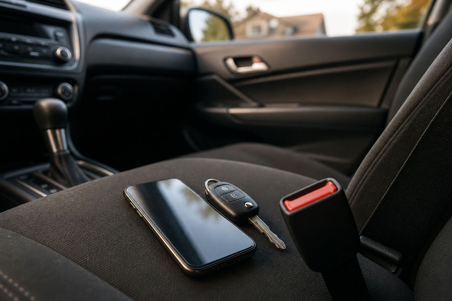 Smartphone seat belt buckle and car keys showing distracted driving risk for Indiana teens