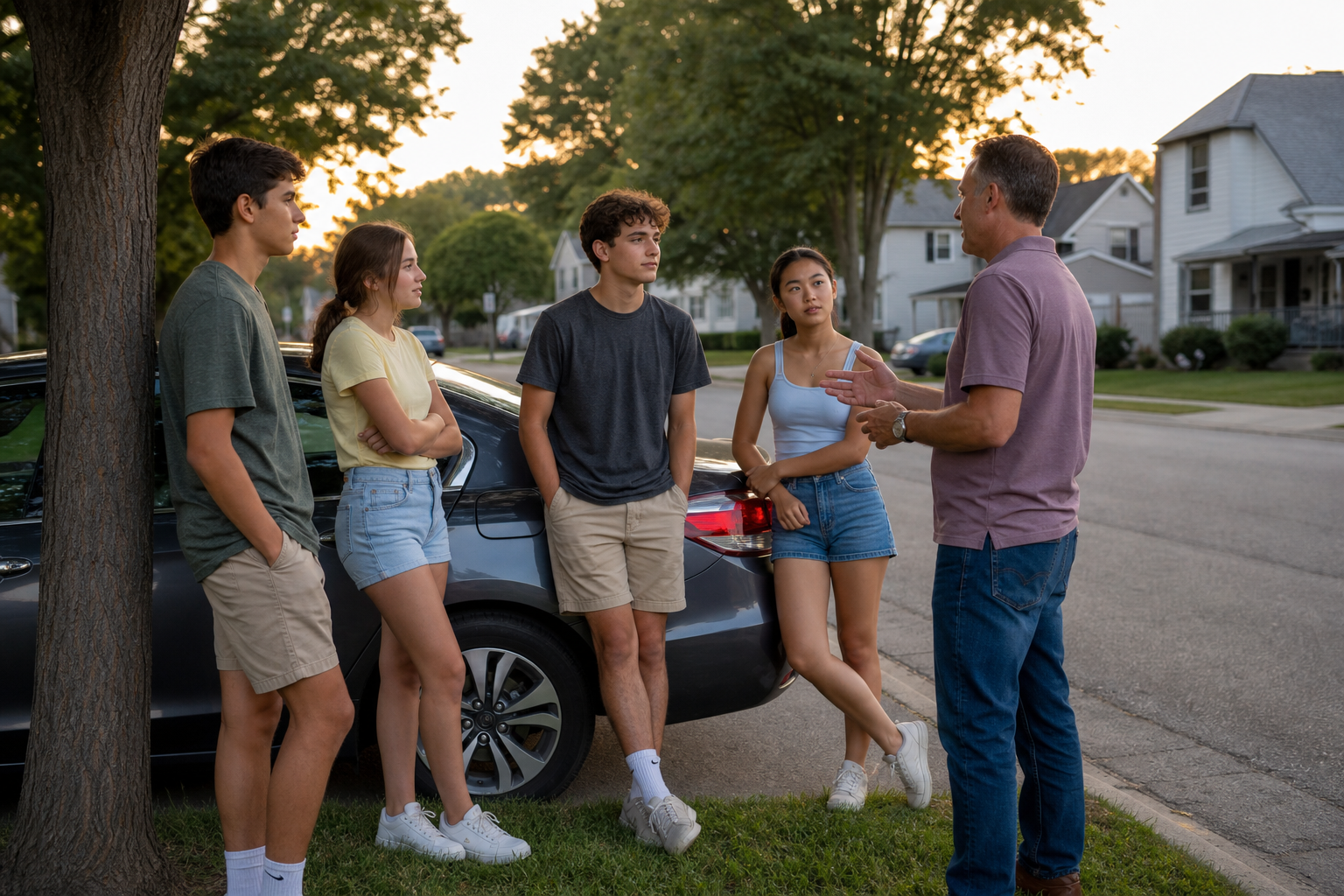 Teen passengers and parent beside a parked car during Indiana summer evening driving season