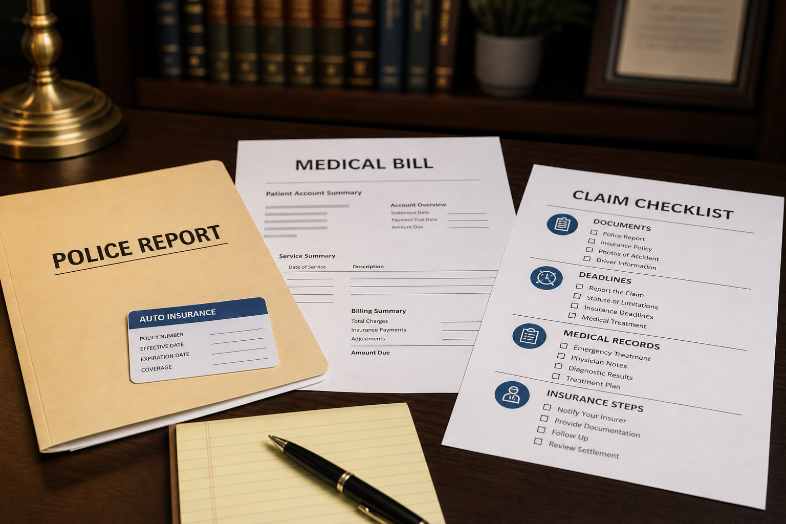 Teen driver crash claim evidence checklist with police report insurance card and medical bill