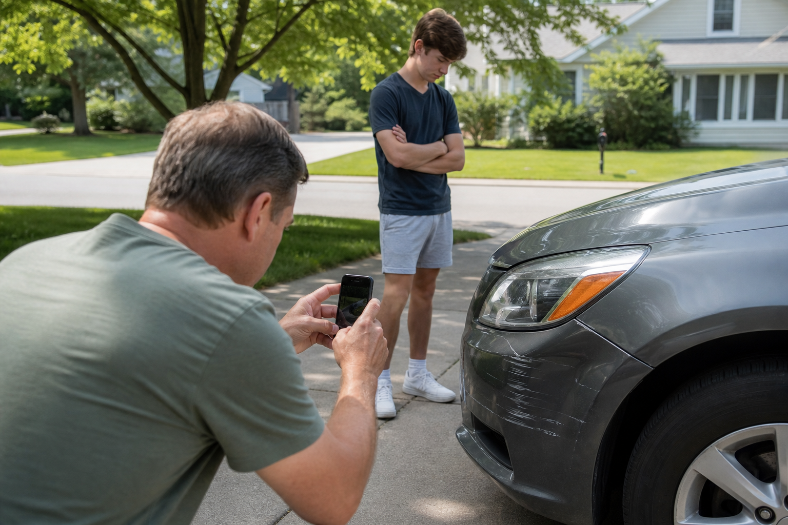 Parent safely photographing vehicle damage after an Indiana teen driver crash