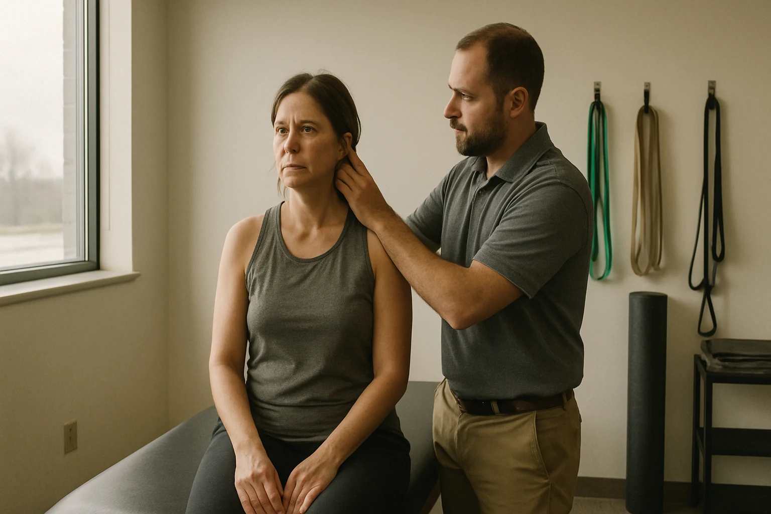A physical therapy clinic in Fort Wayne with treatment tables and resistance bands