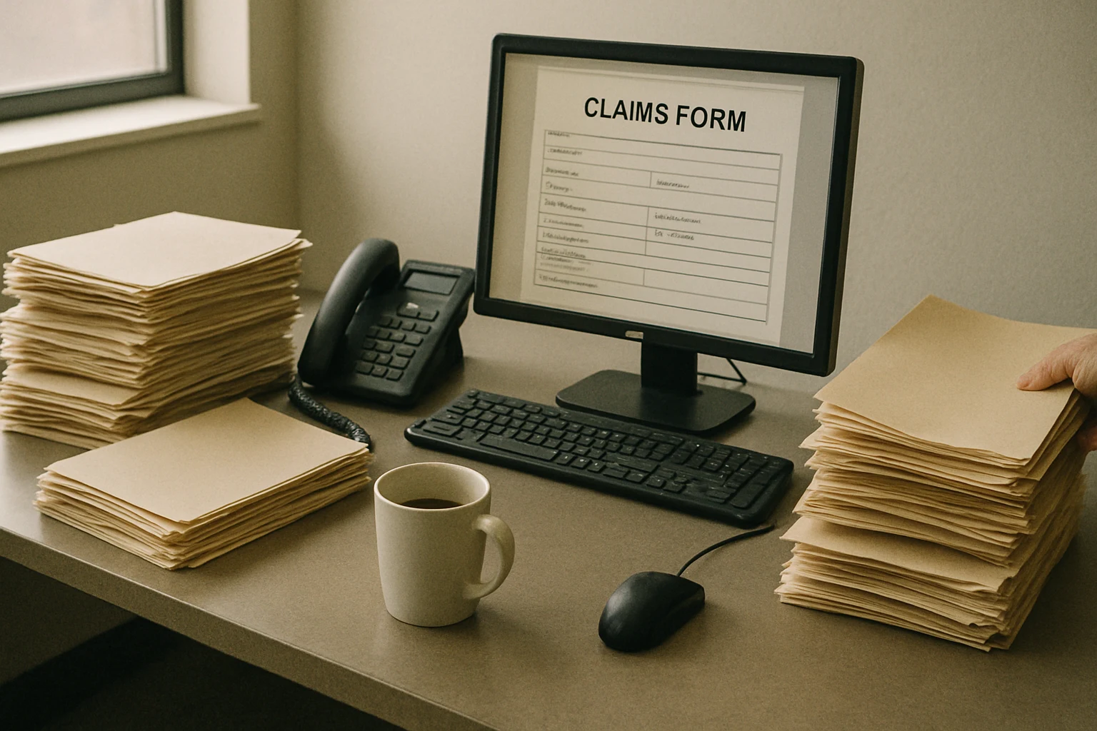 A claims adjuster's desk with paper files and a phone, dimly lit by a window