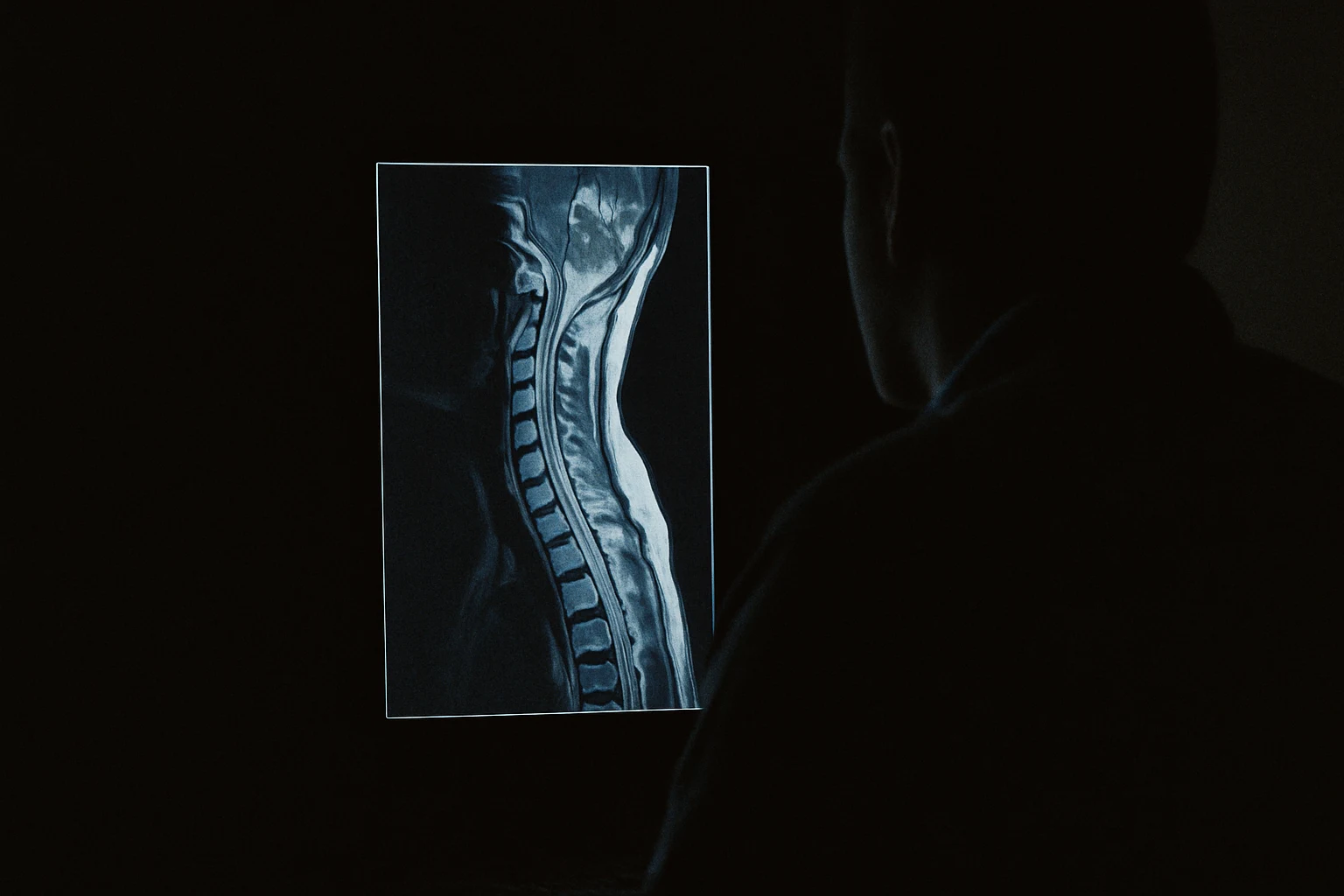 A cervical MRI image on a radiologist's monitor in a Fort Wayne imaging suite