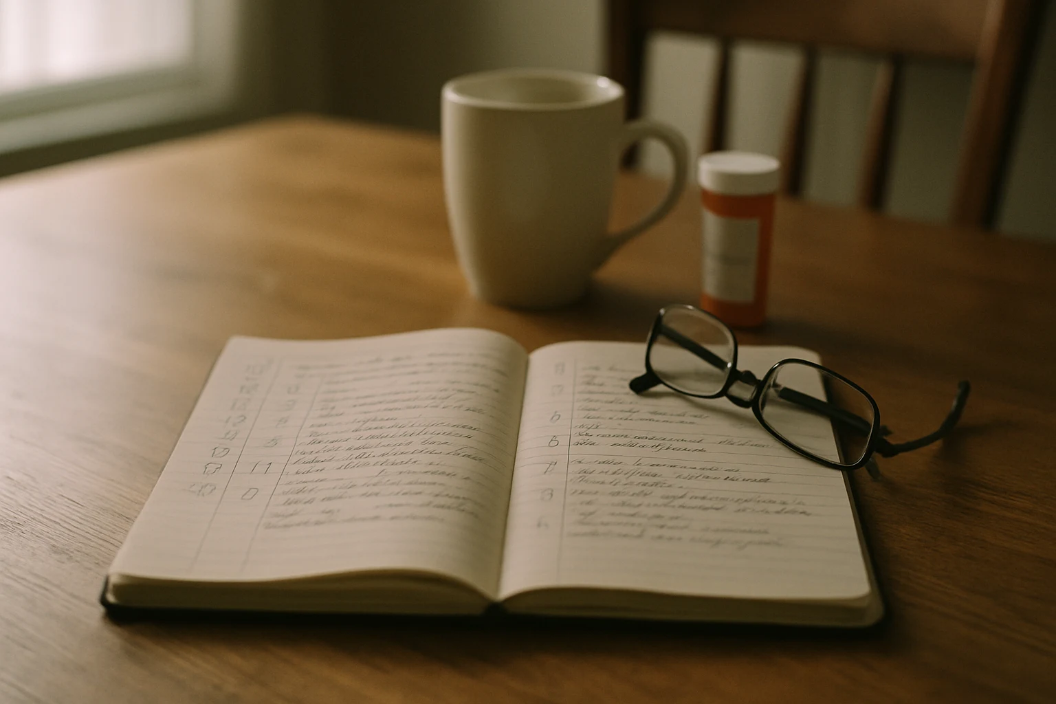 A handwritten pain journal on a kitchen table next to a coffee mug, used to document soft tissue injury recovery