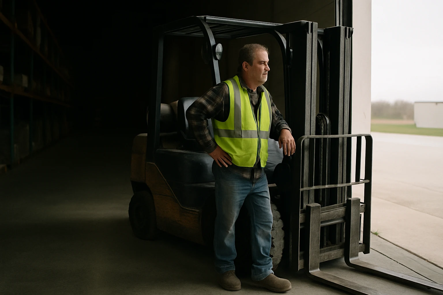 A warehouse worker on a Fort Wayne loading dock holding his lower back after a crash injury