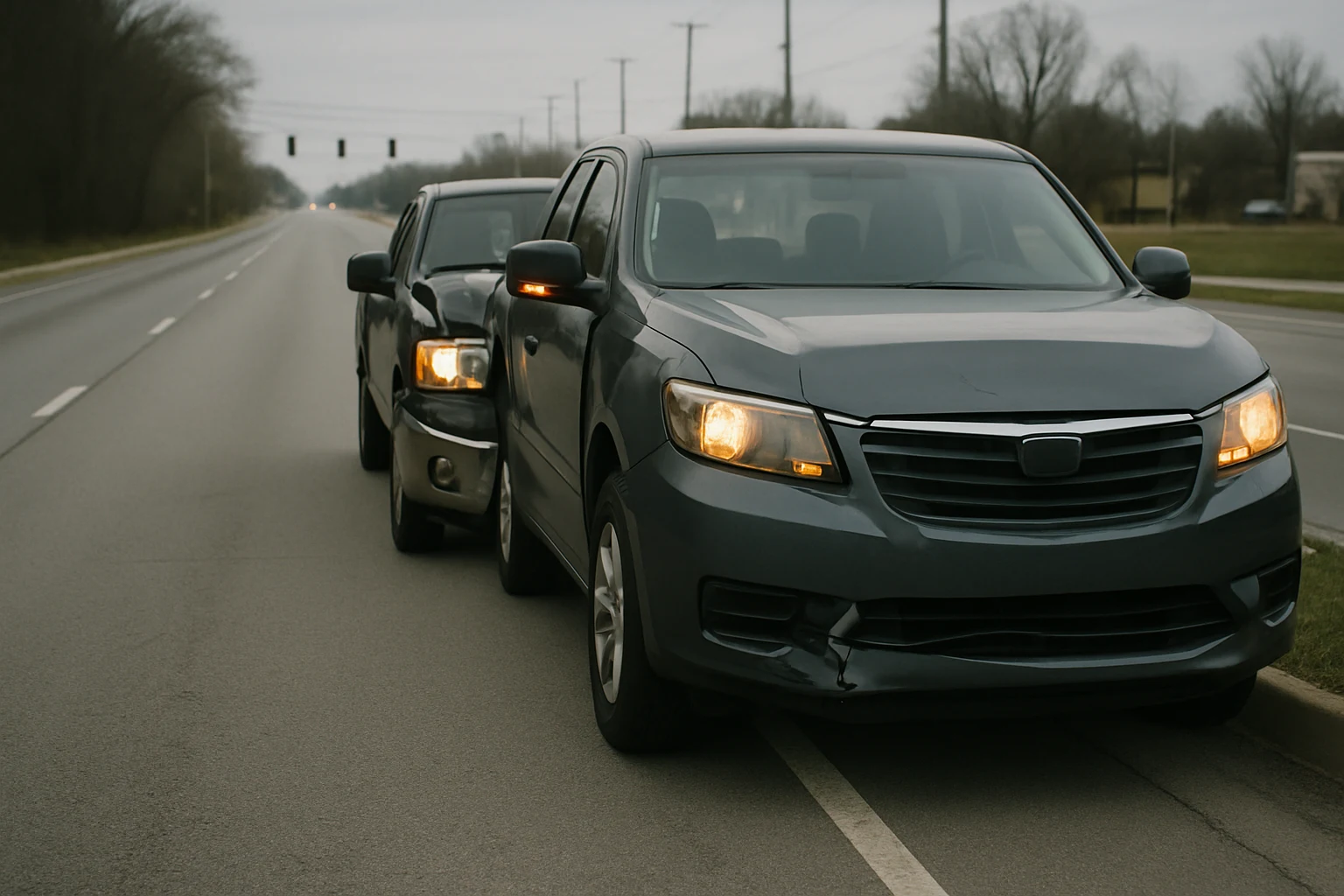 Two damaged vehicles stopped at the side of a Fort Wayne arterial road with hazard lights blinking after a rear-end collision