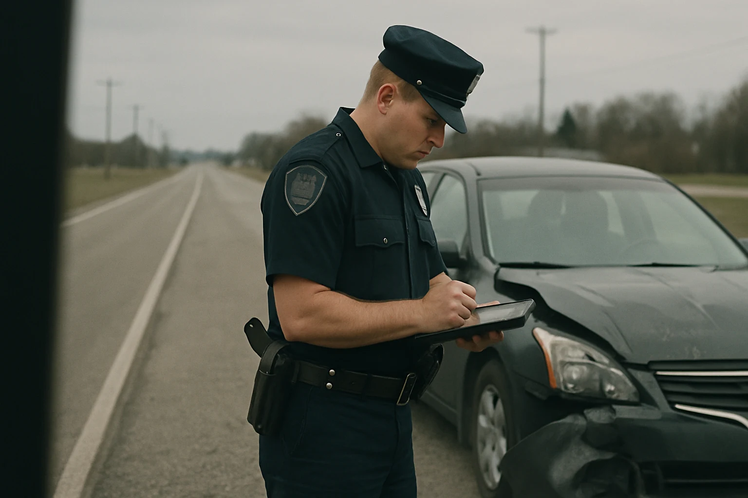 Fort Wayne police officer in uniform writing notes on a tablet next to a damaged vehicle at the side of a road
