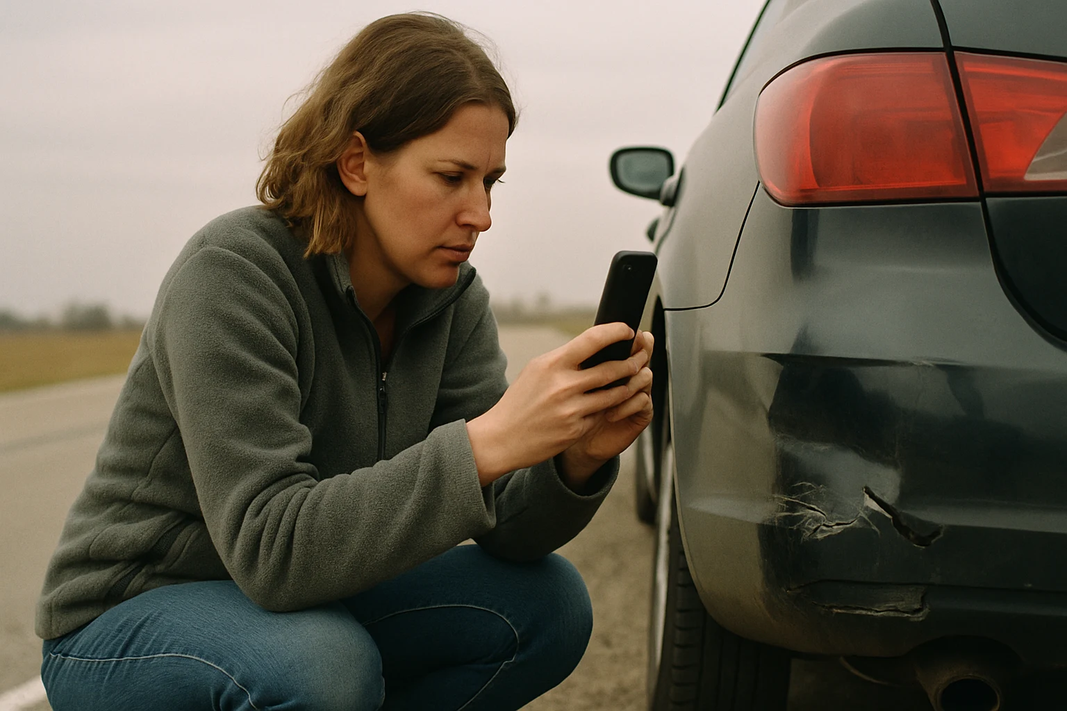 A woman in a fleece jacket photographing damage to her rear bumper with a smartphone after a rear-end accident