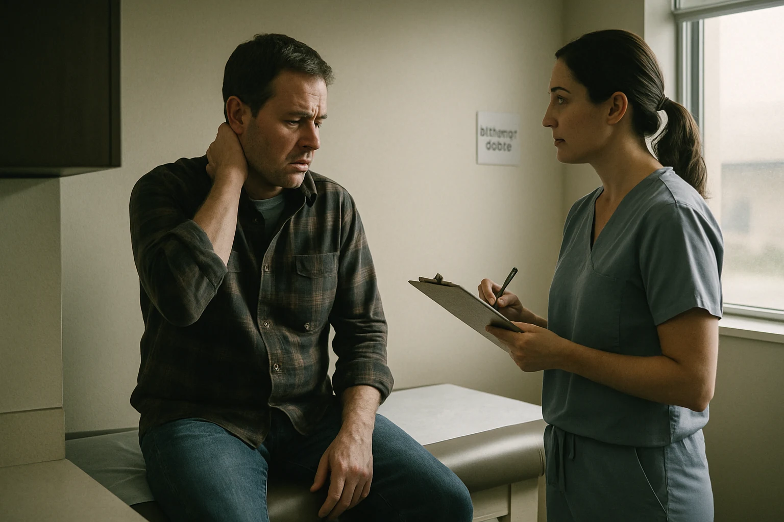Patient sitting on an exam table in a Fort Wayne urgent care clinic talking with a physician assistant about neck pain