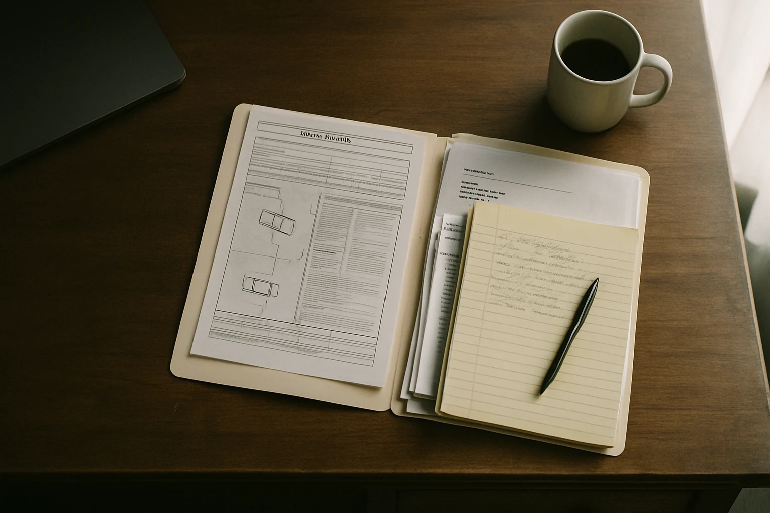 A manila case folder open on an attorney's desk with a crash report, medical records, and a yellow legal pad in Fort Wayne