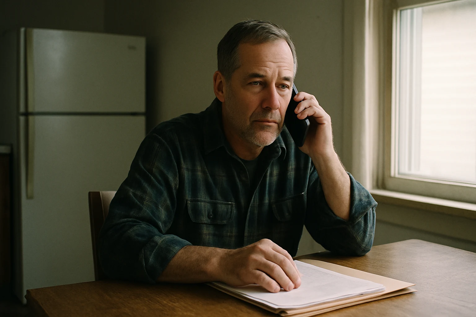 Man in a flannel work shirt sitting at a kitchen table making a phone call after a car accident in Fort Wayne