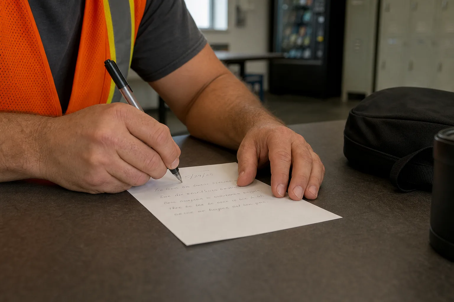 Worker recording symptoms in a notebook during a break