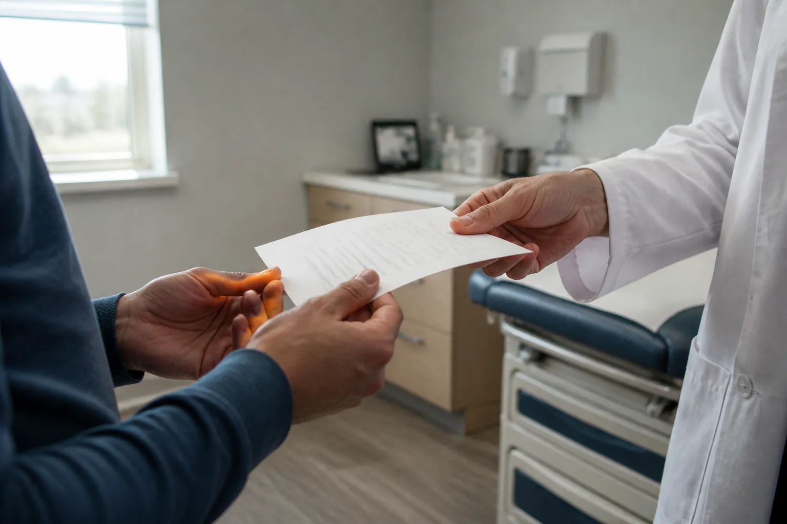 Patient receiving written work instructions during a medical visit