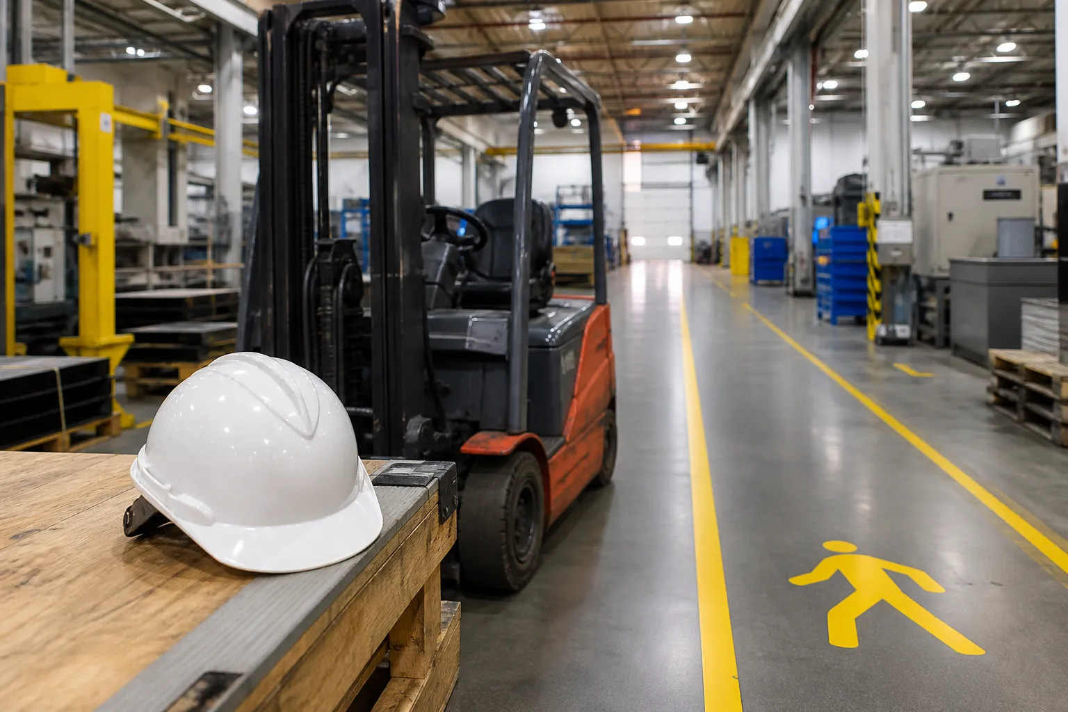 Safety equipment near a stationary forklift and marked workplace aisle