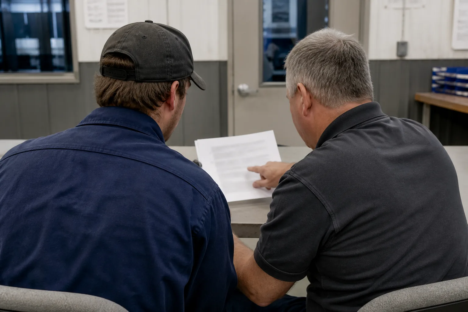 Worker and supervisor reviewing a written task list