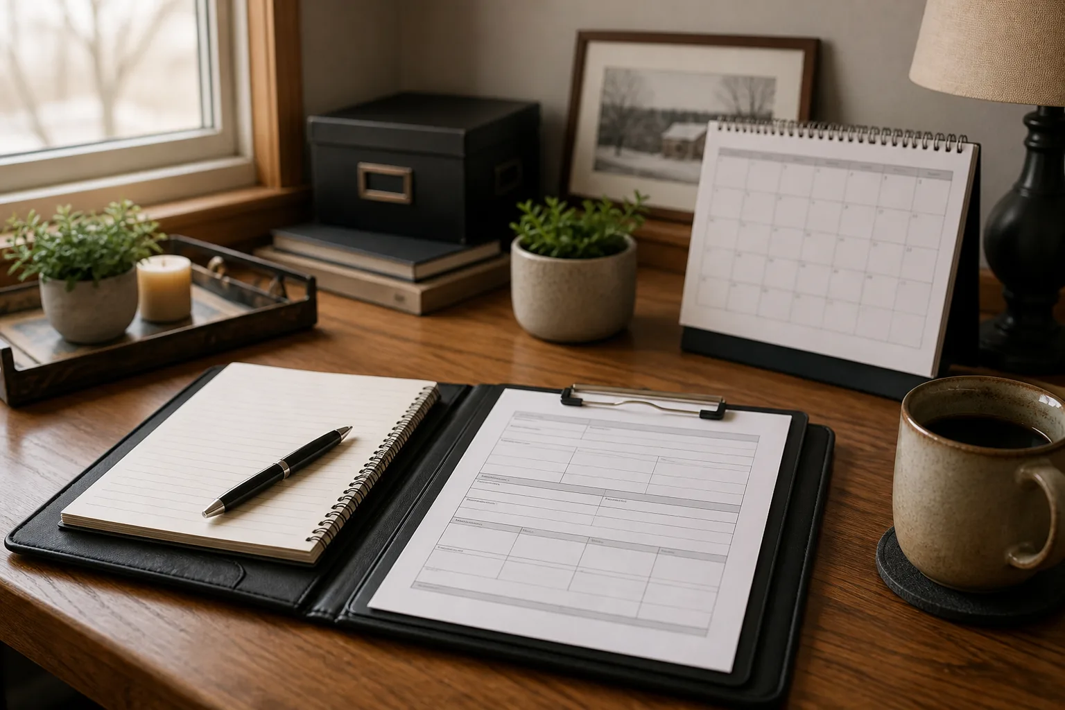 Organized workplace injury records and symptom notebook on a desk