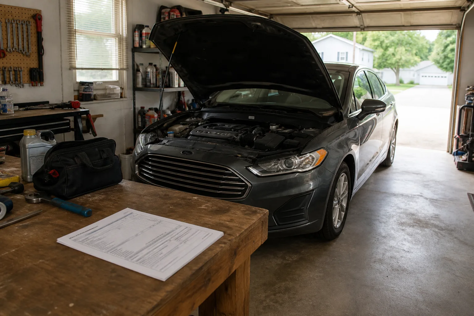 Repair invoice on a workbench beside a car with its hood open