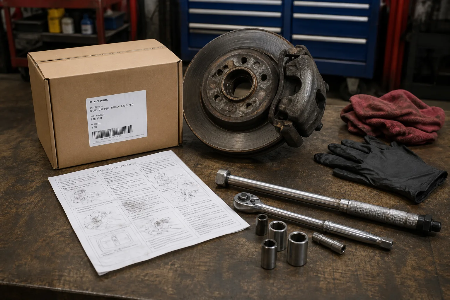 Removed brake component and its packaging preserved on a repair-shop workbench