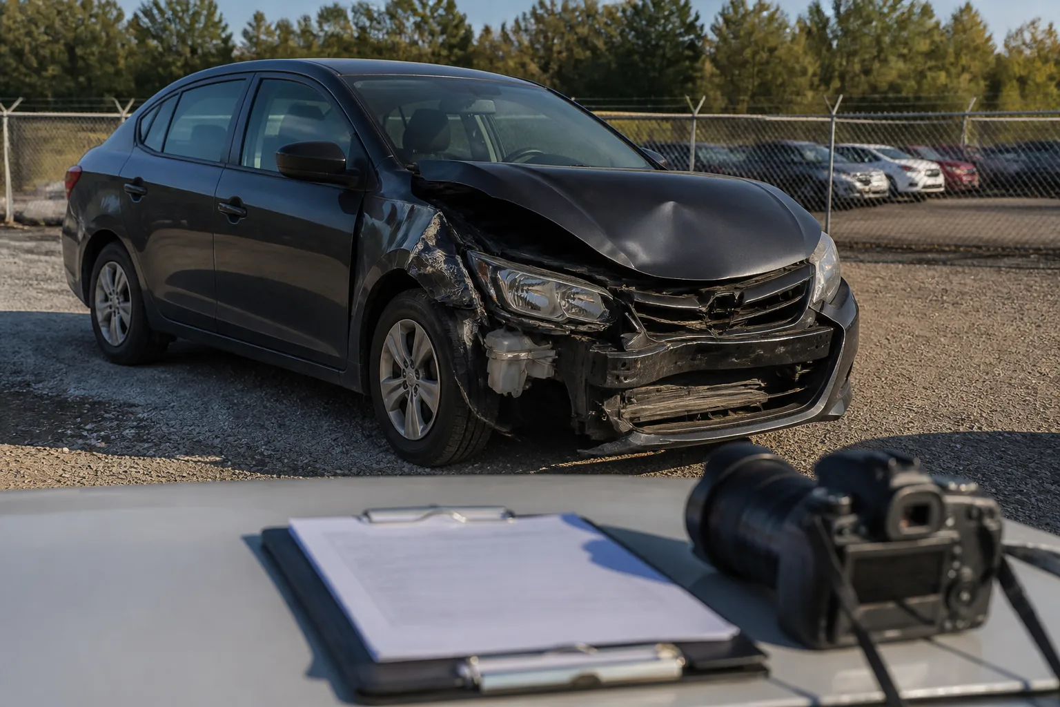Damaged vehicle stored for inspection at a secure vehicle lot