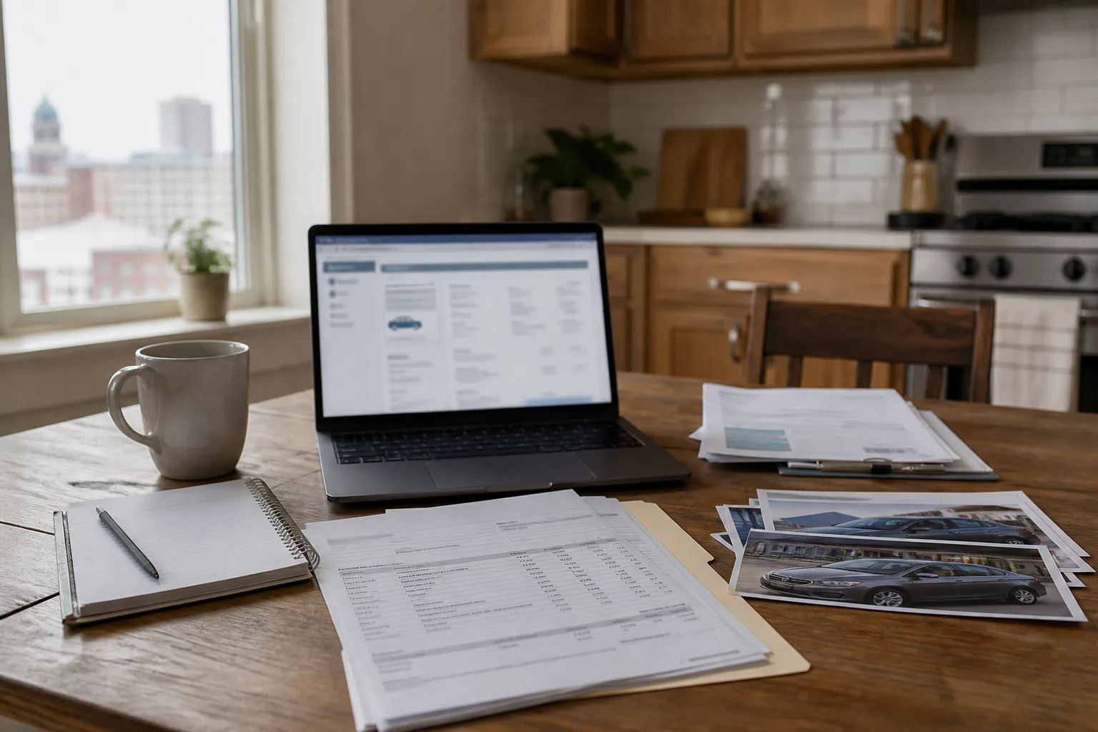 Vehicle repair and crash records organized on a table for review